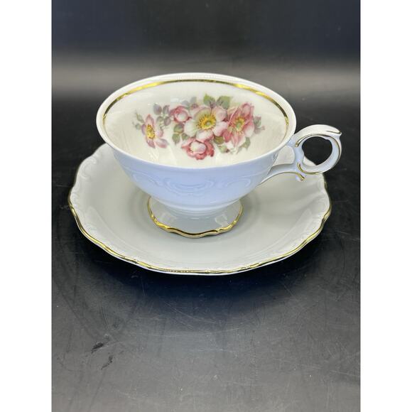 Schumann Arzberg Porcelain Tea Cup and Saucer Wild Roses Gilt Trim Swirl - Picture 2 of 9